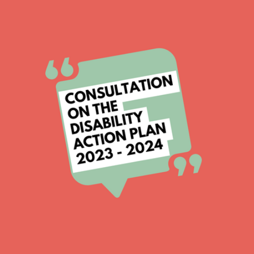 Orange background with light green speech bubble. Text reads: Consultation on the disability action plan 2023 - 2024