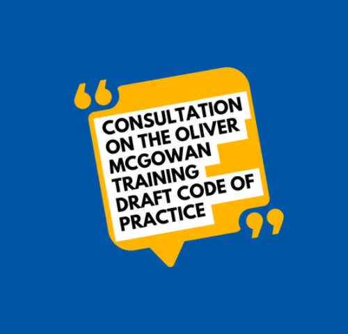 blue background with yellow speech bubble and text that reads "consultation on the Oliver McGowan draft code of practice"